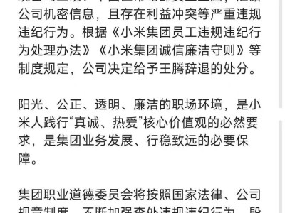 小米通報(bào)王騰處理決定：因泄密及利益沖突違規(guī)，被辭退并呼吁引以為戒